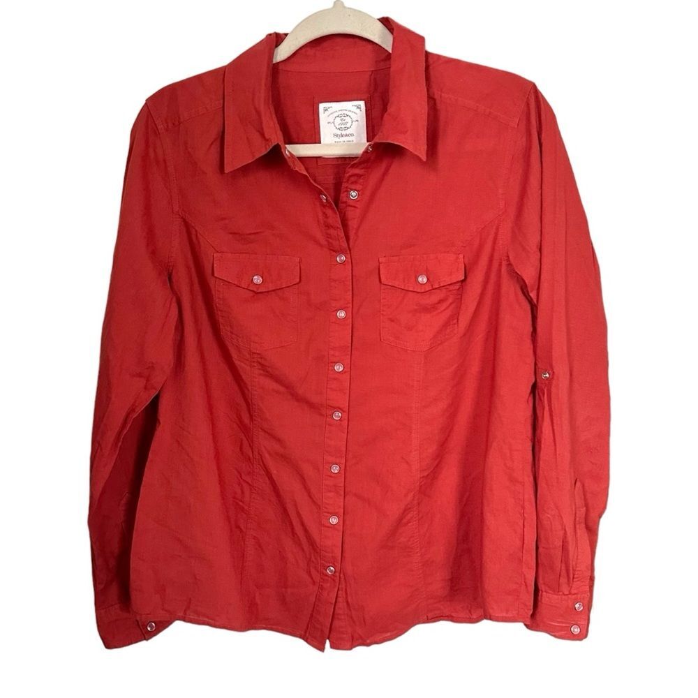 Style & Co. Womens Size S Orange Button Up Shirt Roll Tab Long Sleeves Career